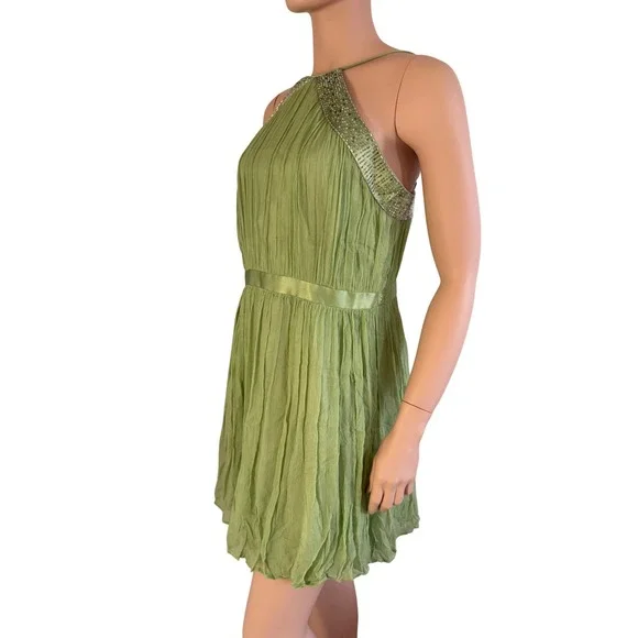 Vintage Green 100% Silk Beaded Halter Pleated Mini Dress Sz 14 Fairy Spring - Picture 7 of 10